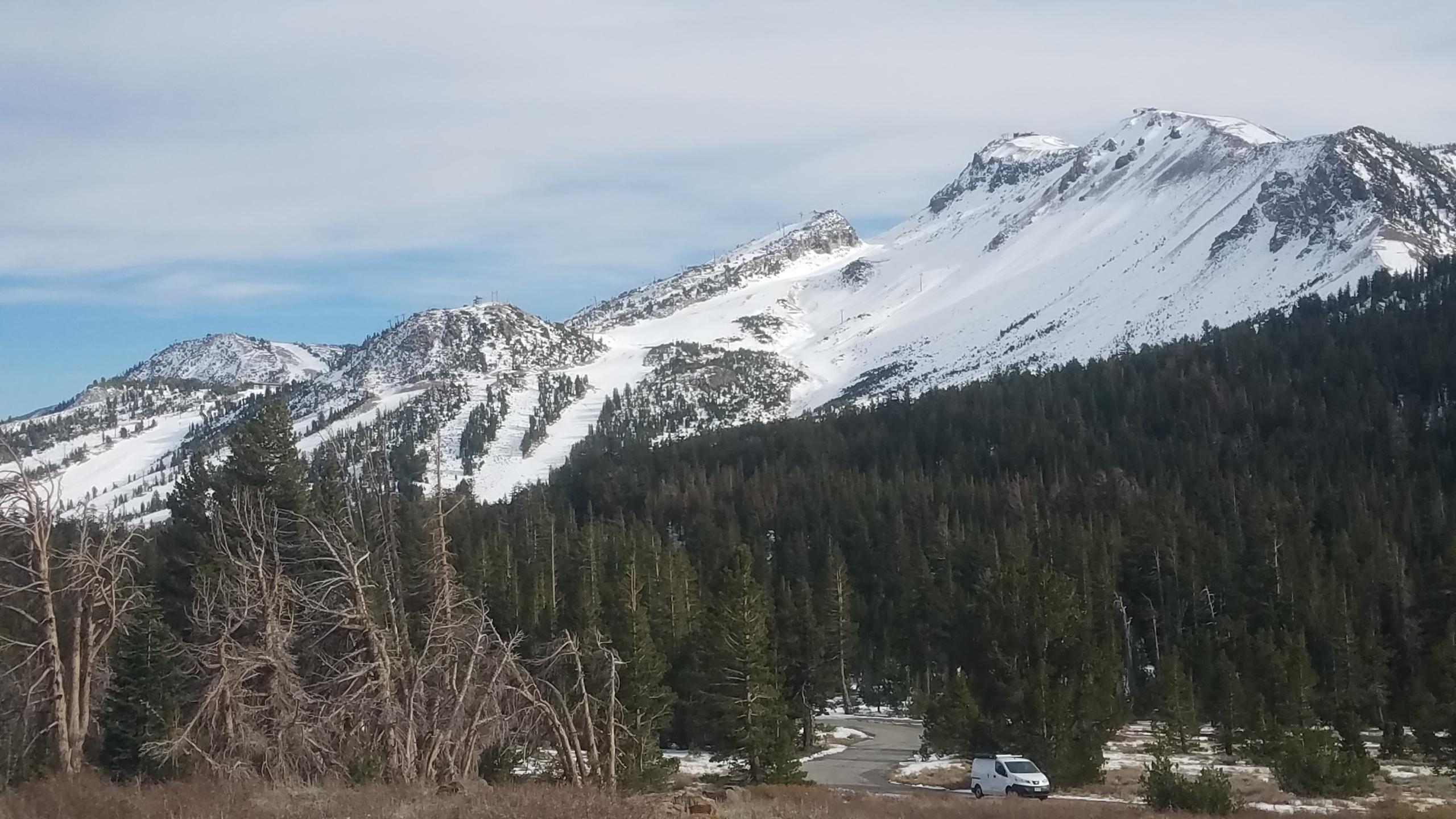 View of Mammoth Mountain from Minaret Vista @ 3:50 PM Tuesday - Photo by Snow Reporter Kurt