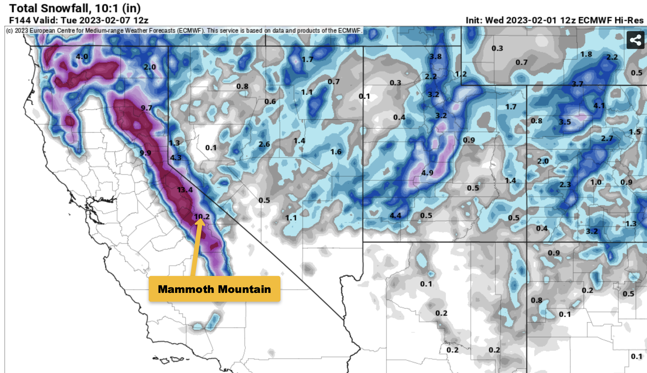 Snowfall Forecast for Mammoth Mountain