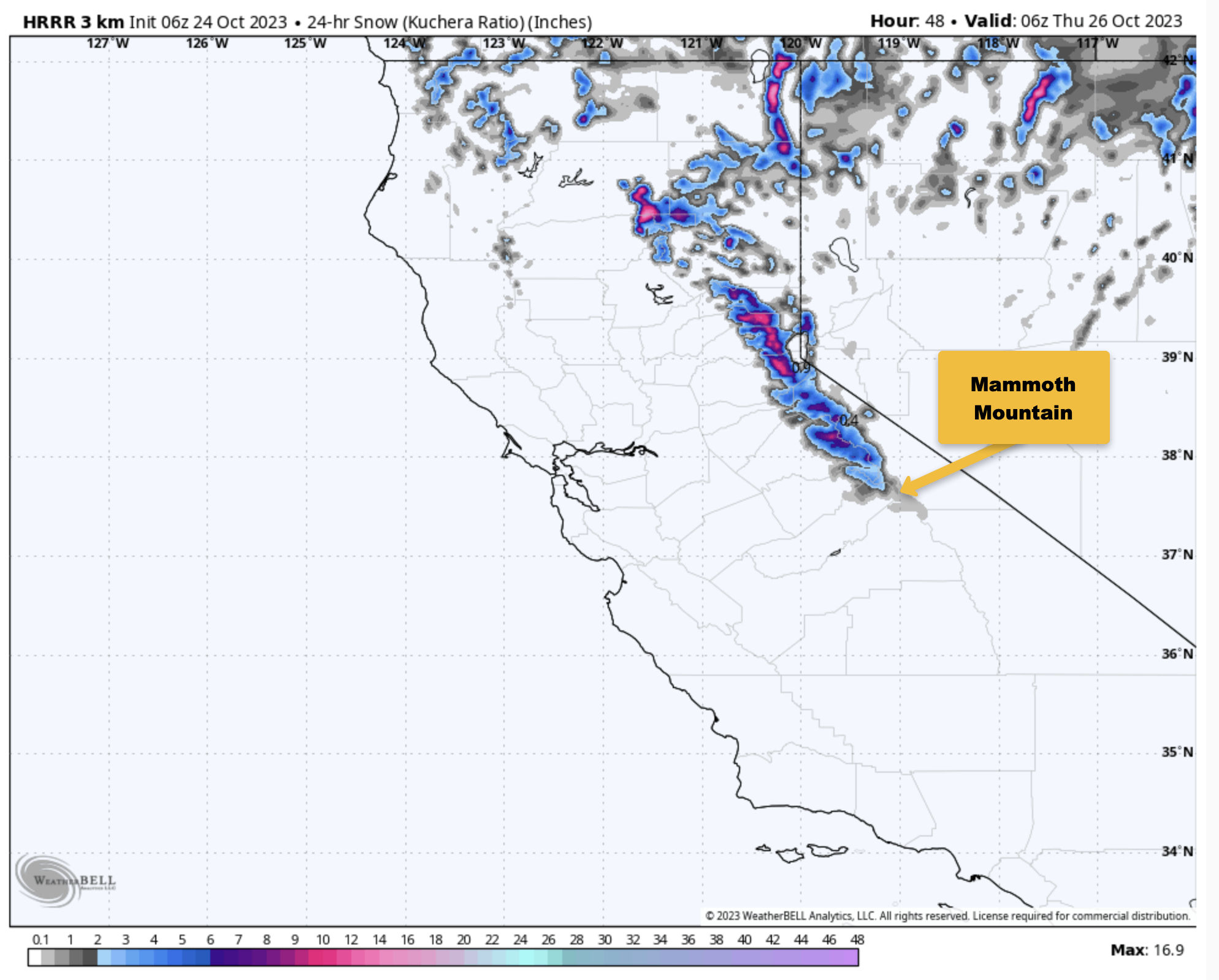 The HRRR model has a slight dusting of snow for Mammoth Mountain tonight. - Mammoth Weather Image