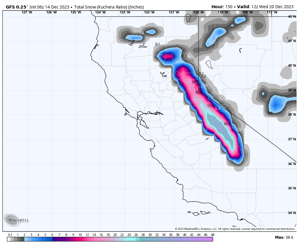 Snowfall Forecast from the GFS into next Wednesday Morning