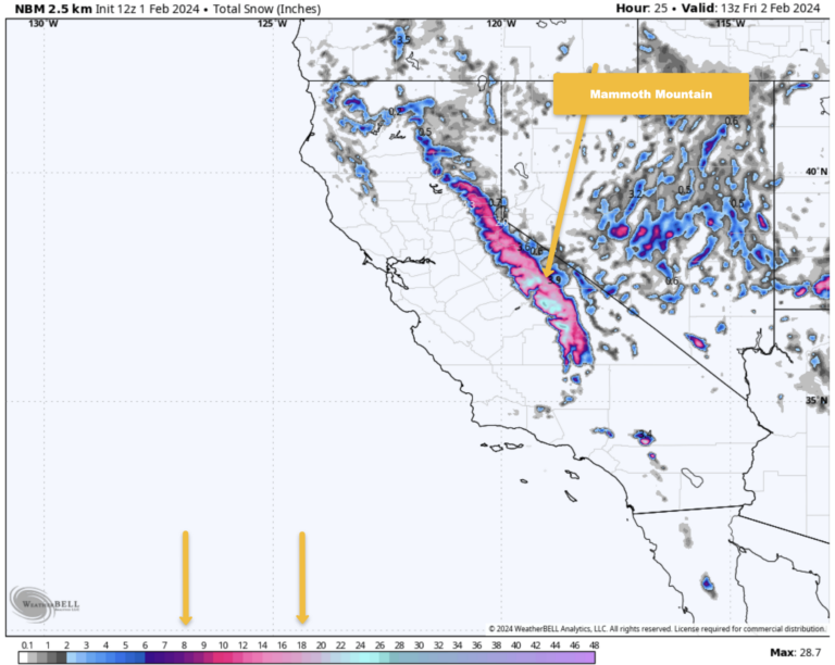 Snowfall Forecast for Mammoth Mountain into Friday Morning.