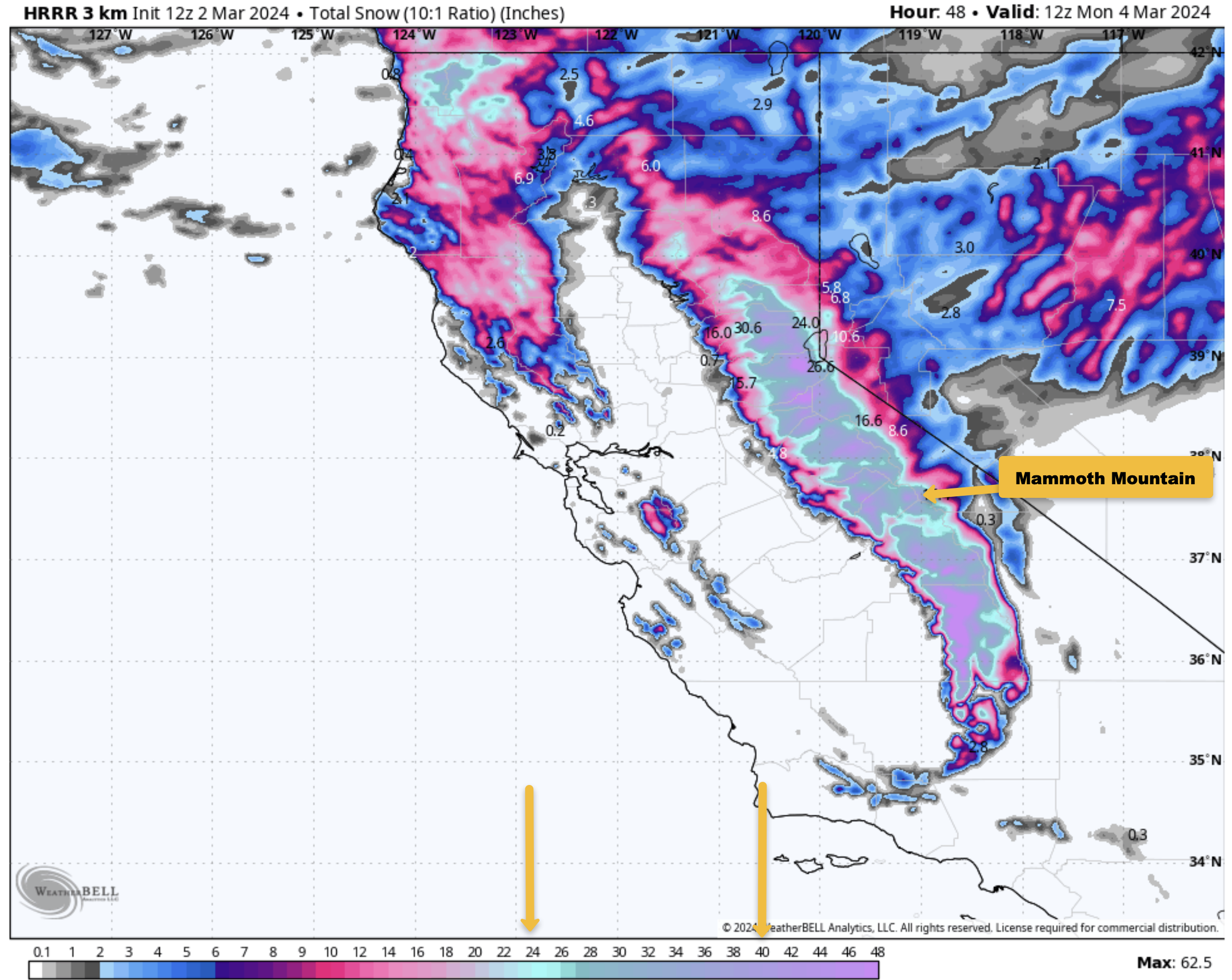 The HRRR Model has 2-3 feet of additional Snowfall with up to 4 feet over the top and the Sierra Crest down to Bishop.